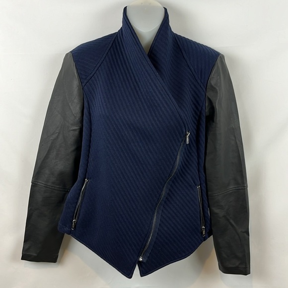 BB Dakota Asymmetrical Faux Leather Navy Blue Full Zip with Pockets Jacket‎ Sz S - Picture 2 of 10